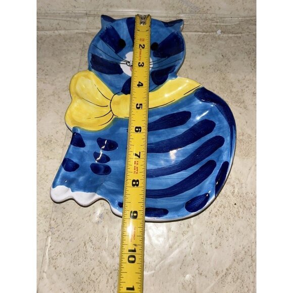 Vintage Italy Wall Hand Painted Blue Tabby Striped Yellow Ribbon Cat Decor - Picture 4 of 7